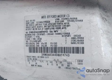 2003 Ford Windstar Sel from USA, damaged, VIN 2FMDA53443BB59743